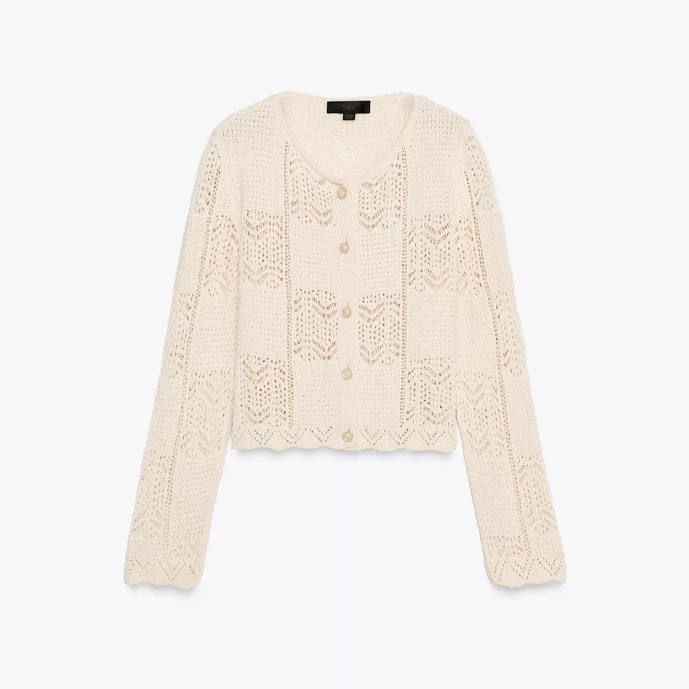 Zara Pointelle Ivory Knit Sweater Cardigan Ecru Size Small